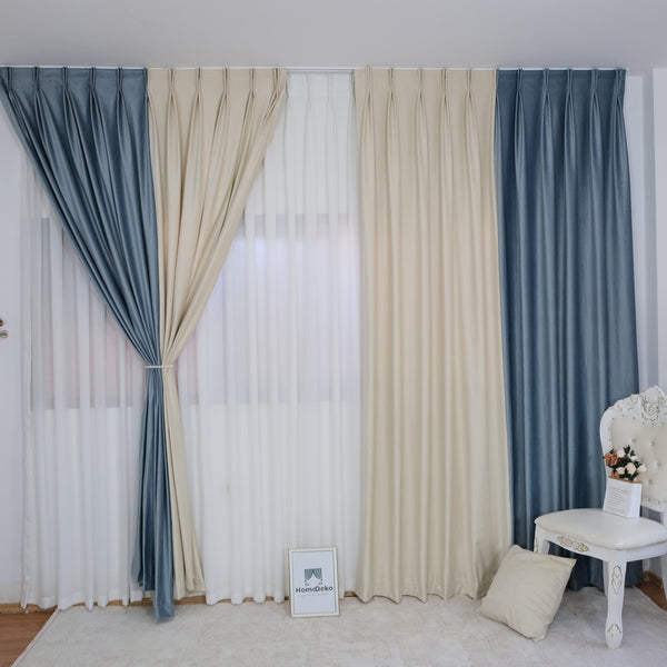 Draperie de Catifea Duo Semi-opaca 80% Baby blue Ivory - cu Rejansa 10cm (1 Buc)