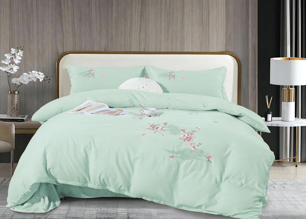 Set Lenjerii de Pat brodat Dublu Bumbac Finet Verde menta - 4 Piese