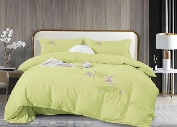 Set Lenjerii de Pat brodat Dublu Bumbac Finet Fistic cu Elastic- 4 Piese