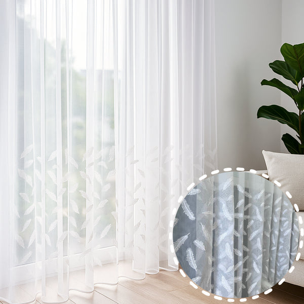 Perdea cu Model pene brodata alb - Prindere cu Rejansa (1 Bucata)